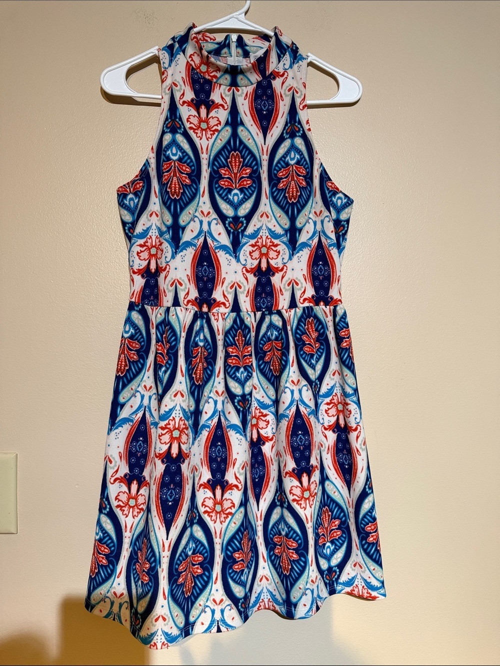 Charles Henry Blue, White and Red Patterned Sleeveless Dress